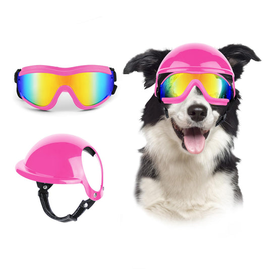 Billionchains Dog Goggles and Helmet Set - Anti-dust UV Protection Sunglasses, Durable Motorcycle Helmet With Ear Hole, Adjustable Pet Glasses for Medium to Large Dogs - Pink