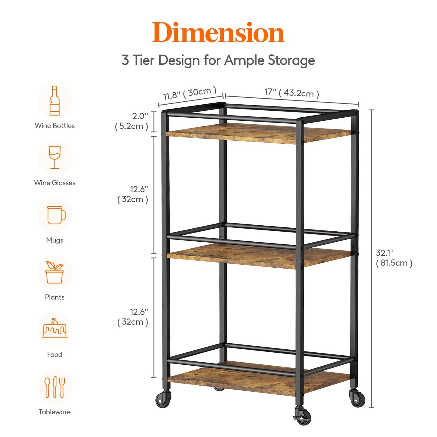 Lifewit Bar Cart for The Home, 3 Tier Small Coffee Cart, Rolling Mini Wine Cart with Lockable Wheels, Drink Serving Cart for Kitchen, Living Room, 17" x 11.8" x 32.1", Rustic Brown