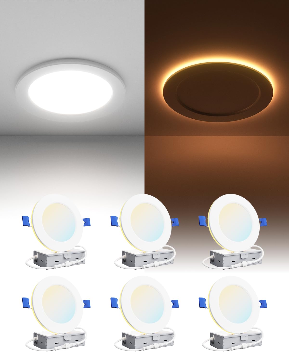 Ensenior 6 Pack 4 Inch LED Recessed Pot Light with Night Light, Dimmable, 2700K-5000K 5CCT, 750LM 9W 120V, High Brightness Canless Wafer Downlight - FCC