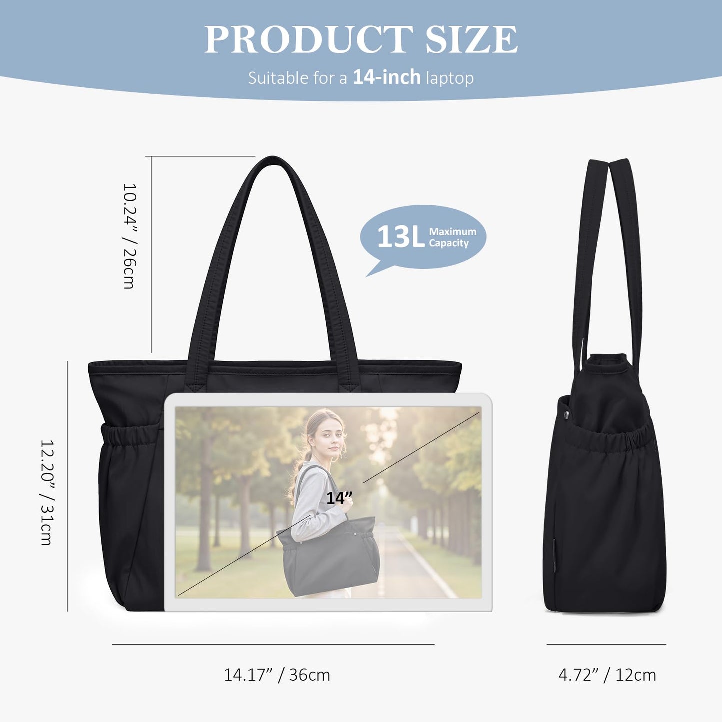 GOLF QUALITY Tote Bag for Women, Work Bags with Zipper Computer Laptop Handbag with Compartments for Travel, Daily,Fit 14Inch,Black