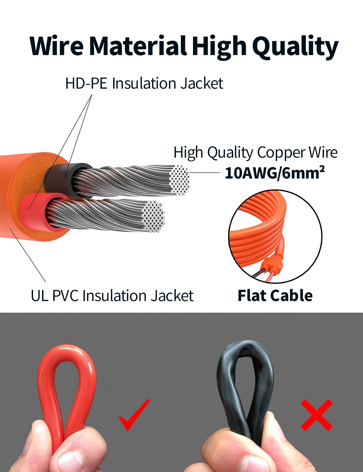 Tonton 20FT 10AWG Solar Panel Extension Cable, 6mm² Flat Solar Cable with Male and Female Solar Connector Adapters, IP67 Weatherproof, for RVs, Roofs, Boats, Auto Vehicles, and Solar Power Systems