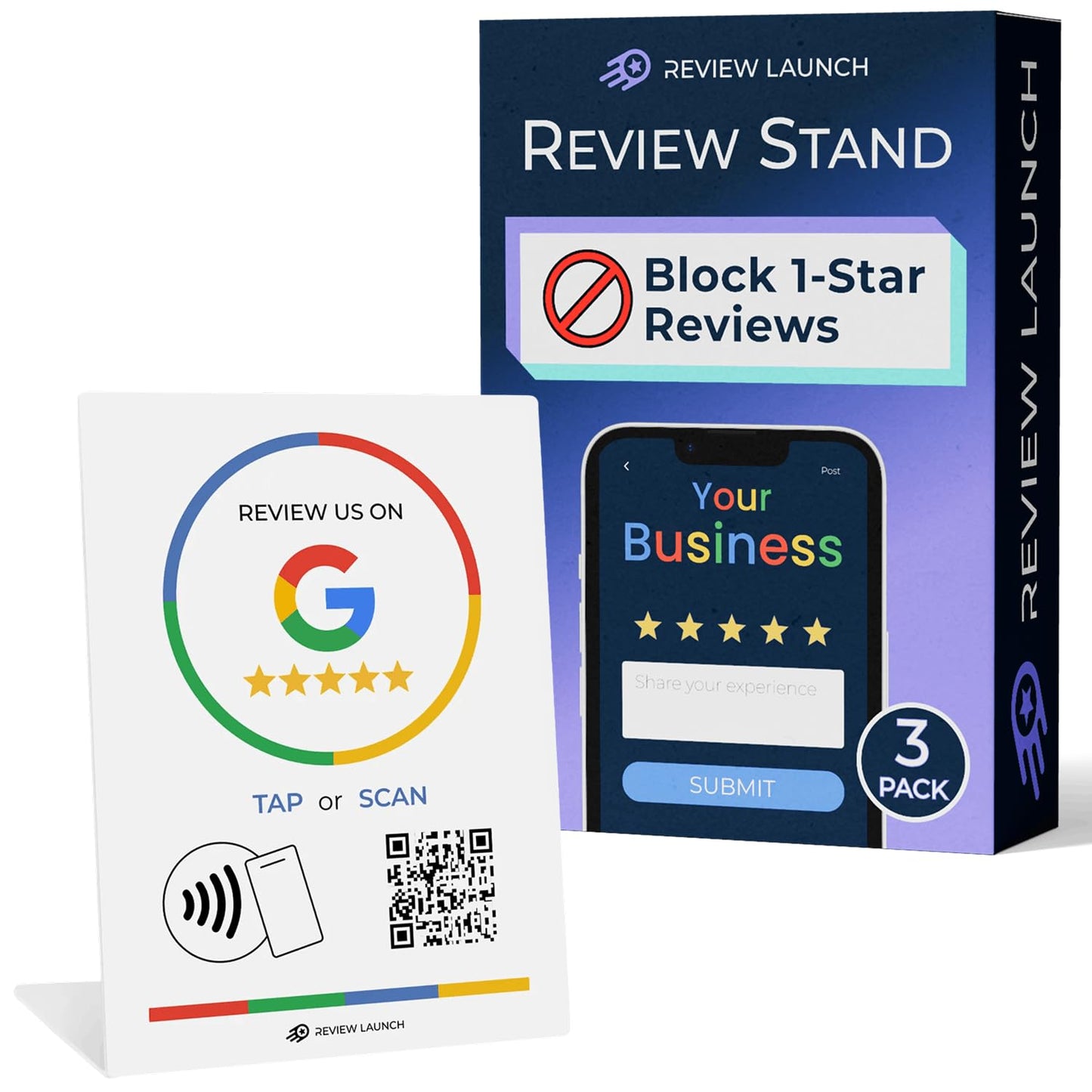 Review Launch Review Stand Compatible with Google Reviews | Boost Online Reviews and Google Rank with Fast Zappy NFC Tap Card QR Code Stand Works Like Digital Business Card (Large Stand, 3 Pack)