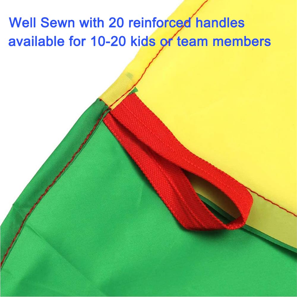 AMYESE 13ft Rainbow Parachute with 20 Handles for Kids Outdoor Party Games, Team Building Play Parachute Group Cooperative Team Game Toy, Family Get-Together Entertainment