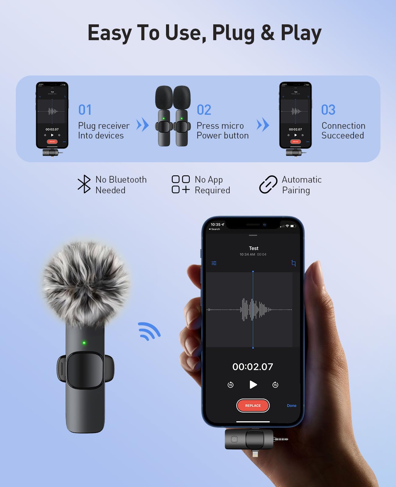 MENERESAS 3-in-1 Mini Microphone for iPhone: Wireless Lavalier Microphones for iOS/Android Devices/Camera - Noise Reduction Lapel Mic - Clip on Mic for Video Recording, Multifunctional