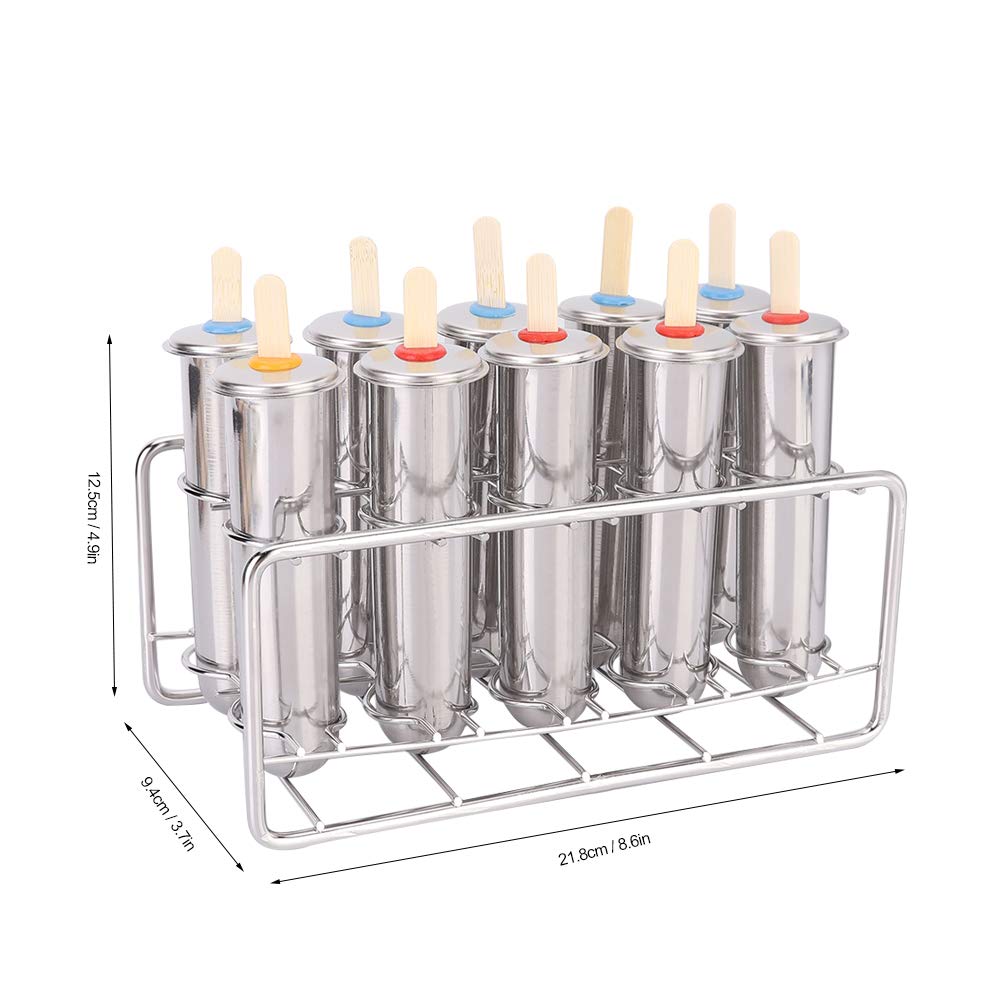 Sunicon Popsicle Mold, 10Pcs Stainless Steel Popsicle Molds, Homemade Ice Lolly Molds with Holder, Reusable Round Head Fast Freezing Ice Treat Maker with Wooden Sticks and Bags for DIY Popsicle