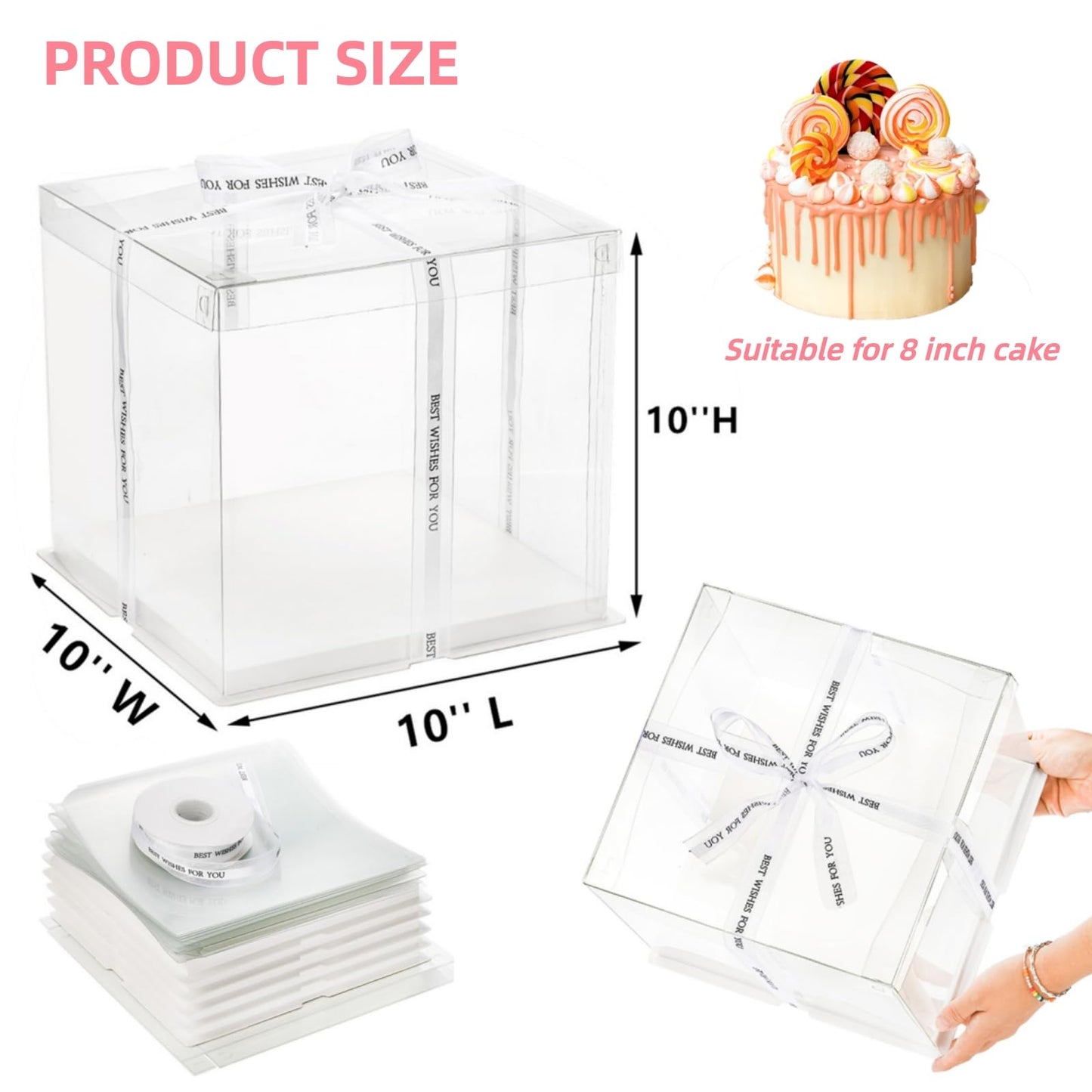 Cididu 6 Pcs Clear Cake Box with Ribbon 2-Layer 10x10x10 Inch, Transparent Cake Carrier Box with Lids, PET Tall Cake Packaging Boxes, Clear Gift Boxes for Birthday, Wedding and Festival Party