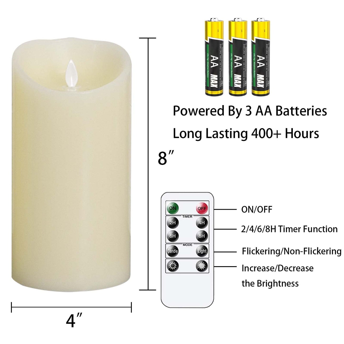 Mavandes 4”x8” Flameless Flickering Candles with Remote,Real Wax LED Battery Operated Pillar Candles with Timer,Ivory Pack of 2 Long Lasting Fake Electric Moving Wick Flameless Candles for Home Decor