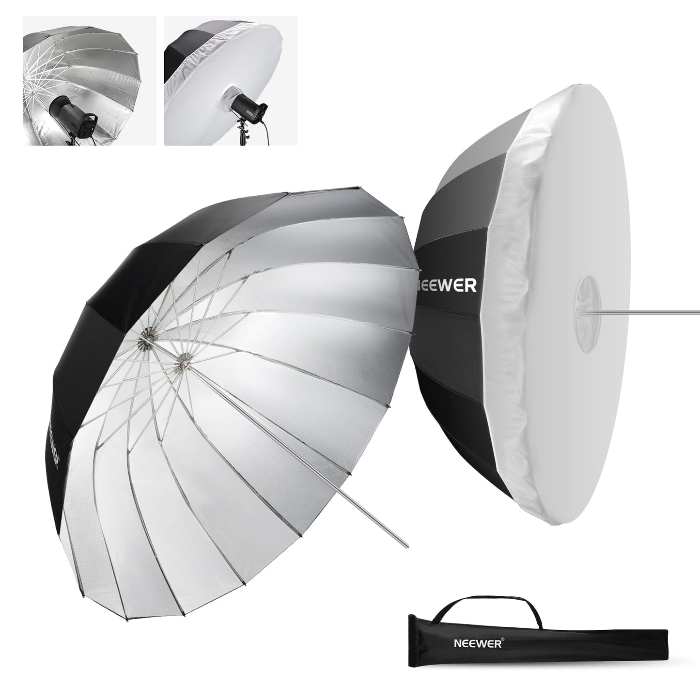 NEEWER 65"/165cm Parabolic Reflective Umbrella Photography with Silver Inner, Soft Lighting with Diffuser Cover, Bag, Quick Fold for Camera Photo Studio Video Light Shooting Monolight Flash, NS3U