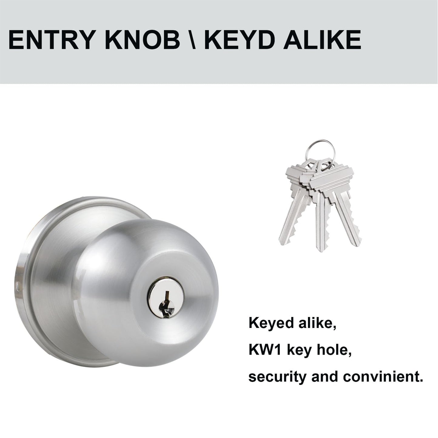 Comfhouse 3 Pack Stainless Steel Round Ball Entry Door Knob, Keyed-Alike Entrance Interior/Exterior Door Knob with Lock for Bedroom Bathroom, Front Entry Door Knobs with Lock Same Key, Satin Nickel
