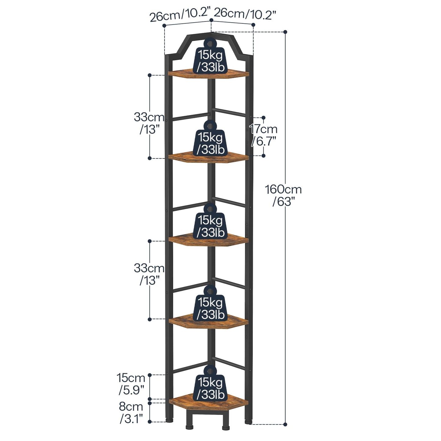 HOOBRO Corner Shelf, 5-Tier Corner Shelf Stand, Standing Display Shelf, Corner Bookcase Shelving, for Living Room, Bedroom, Study, Kitchen, Rustic Brown and Black BF100CJ01