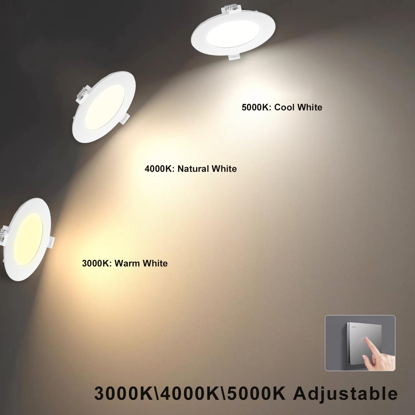 GCN LIGHT 4 Inch Wet Location Dimmable LED Recessed Pot Light 3CCT Ideal for Bathrooms Kitchens Balconies and Under Eaves, 9W 750LM IC Rated LED Slim Panel Downlight with Junction Box, 6 Pack