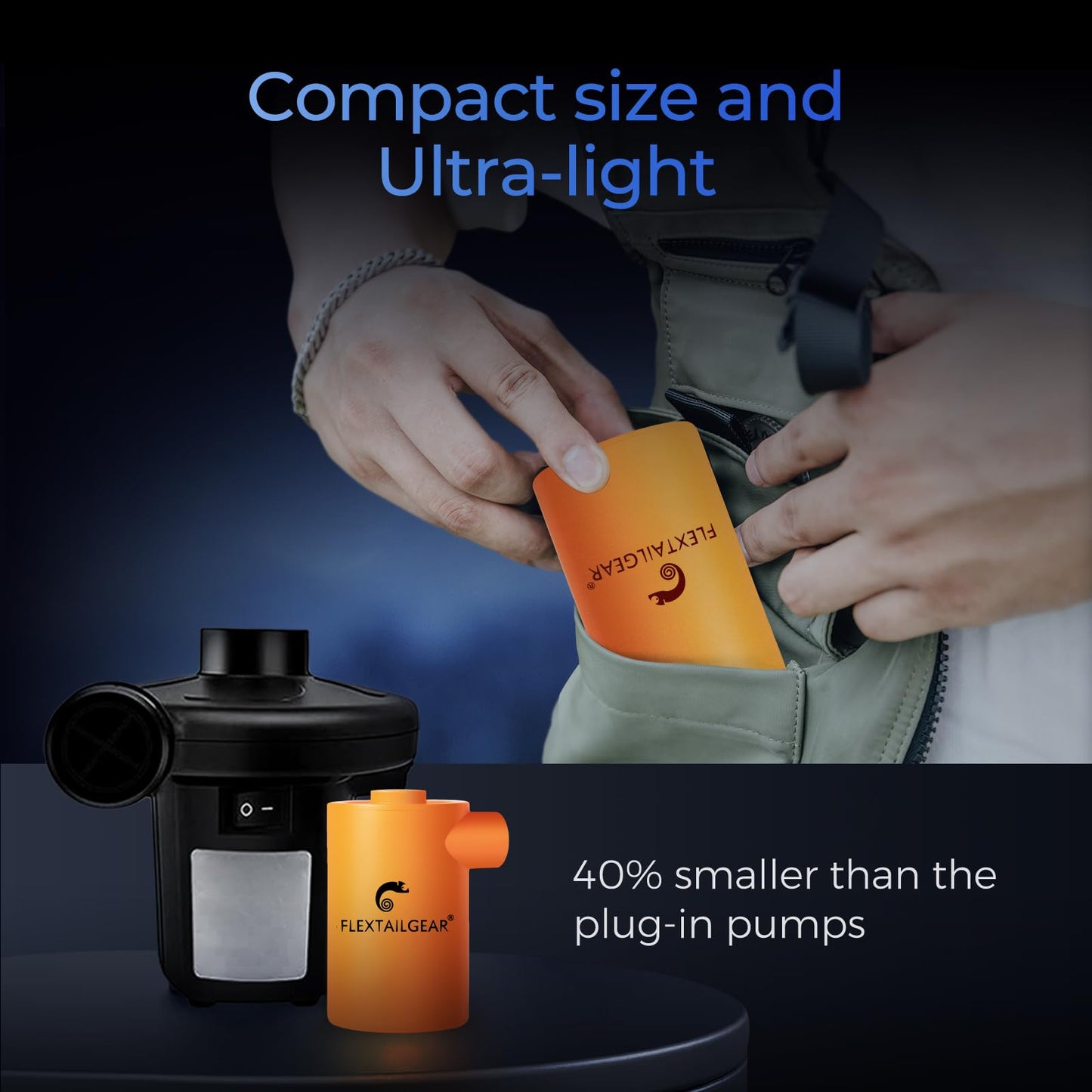 FLEXTAILGEAR MAX Pump 2020 Portable Air Pump with 3600mAH Battery USB Rechargeable Air Pump Inflate Deflate for Air Mattress, Pool Toys, Floats, Swimming Ring, Air Bed, Vacuum Storage Bags (Orange)