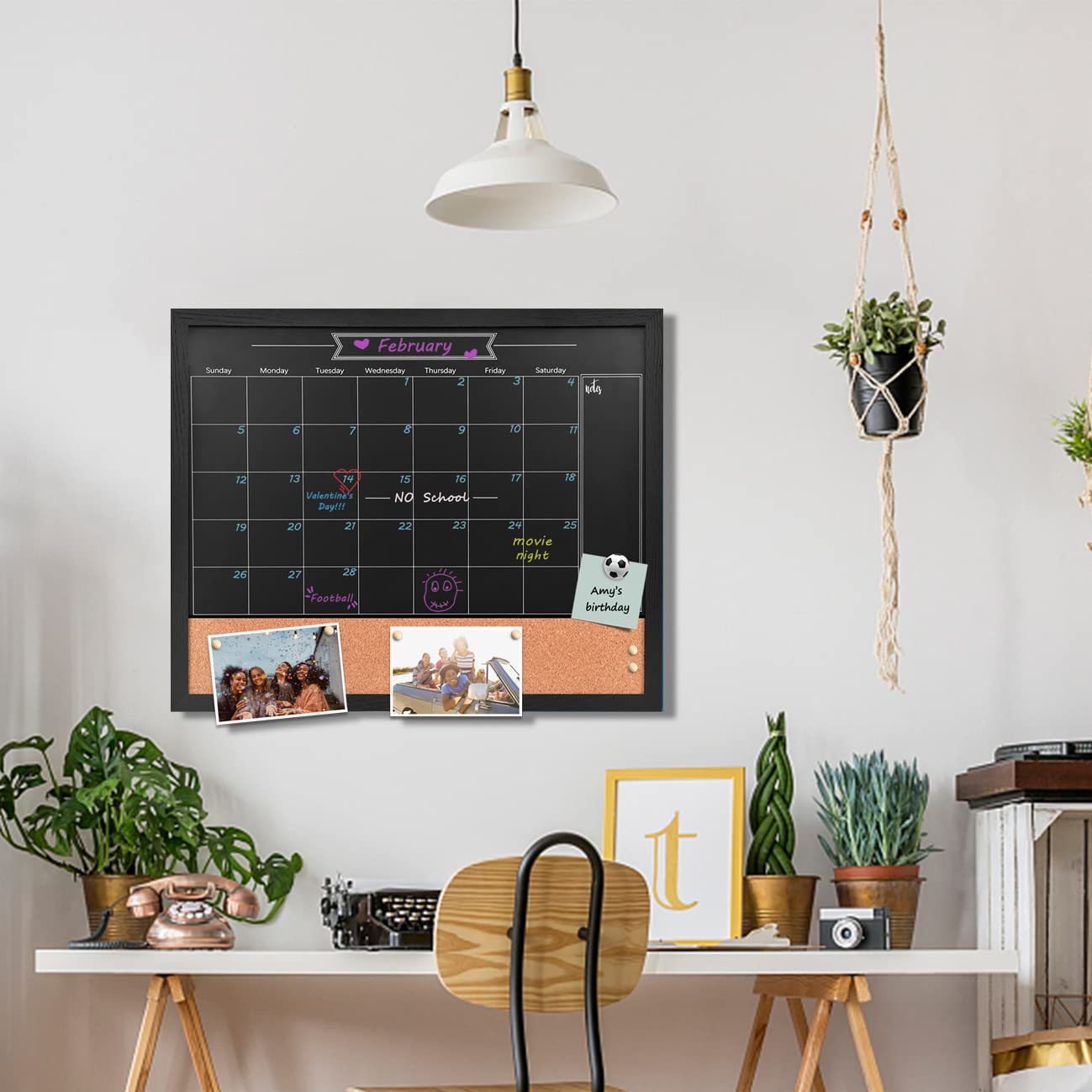 Umtiti Chalkboard Calendar and Bulletin Combo Board. Black Solid Wood Frame，Magnetic Chalkboard.Perfect for Office, Home School Message Board，BK-4555-CA