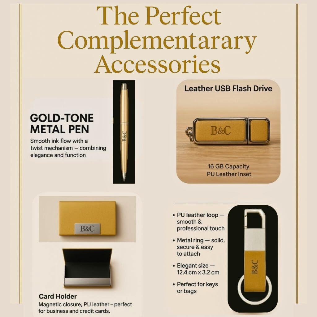 Brindle & Craft 6-Piece Executive Office Gift Set – Gold Desk Accessories with Refillable A5 Vegan Leather Notebook, Insulated Stainless Steel Tumbler, Metal Pen, 16GB USB, Card Holder & Keychain – Professional Corporate Box