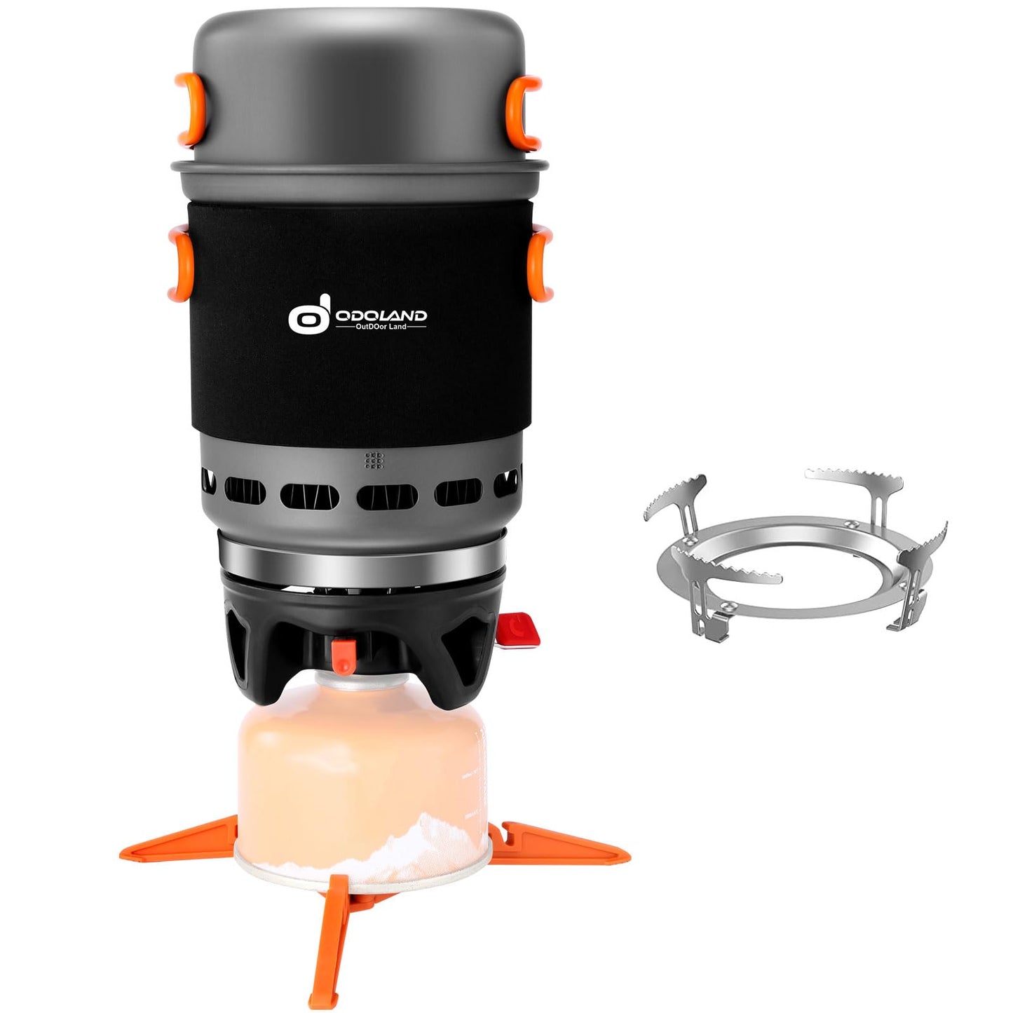 Odoland Backpacking and Camping Stove Cooking System, 7-In-1 Energy Saving Cooking Stove Set, Lightweight Camp Pot with Burner for Hiking Trekking Fishing and Backpacking