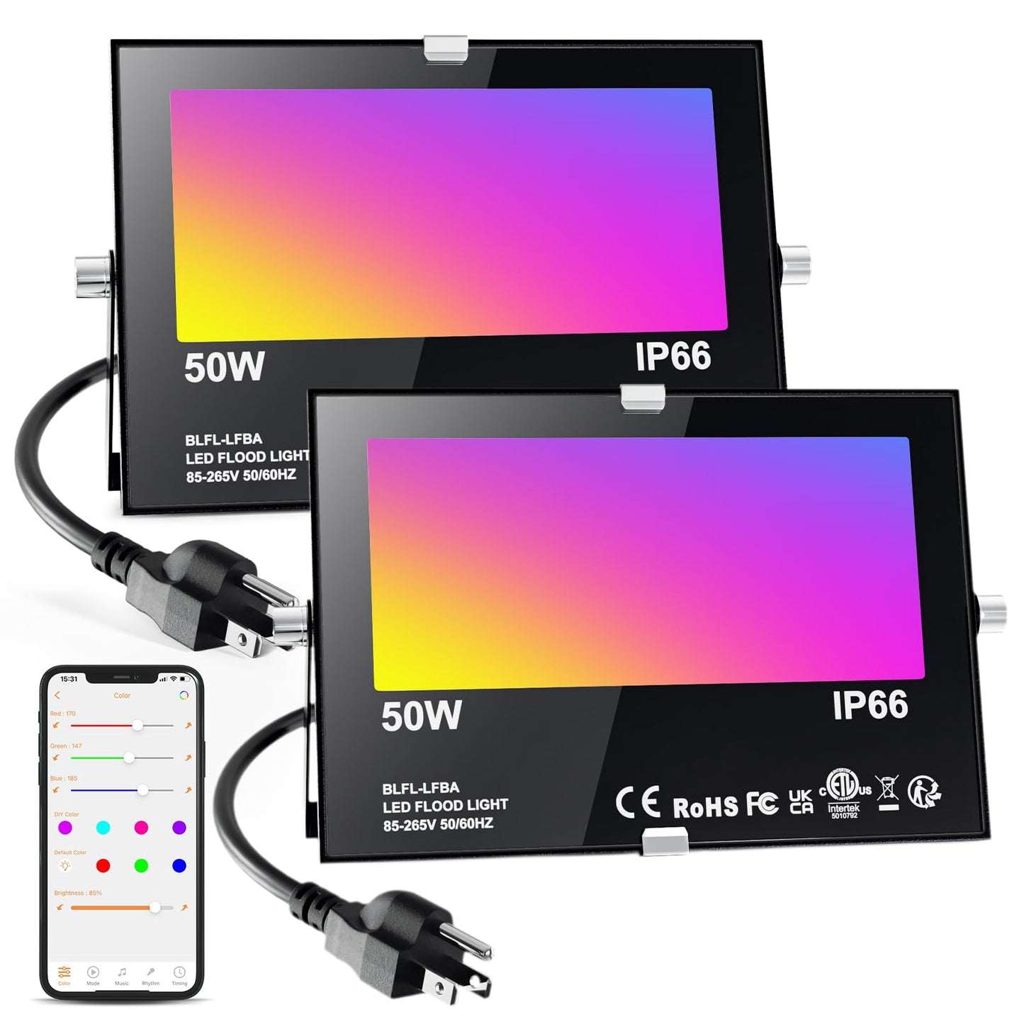 LED Flood Light Outdoor 500W Equivalent 5000 LM,Smart RGB Color Changing Floodlight with APP Control, Warm White 2700K&16 Million Colors, DIY Scene,Timing,Music Sync, IP66 Waterproof,US Plug（2 Pack）