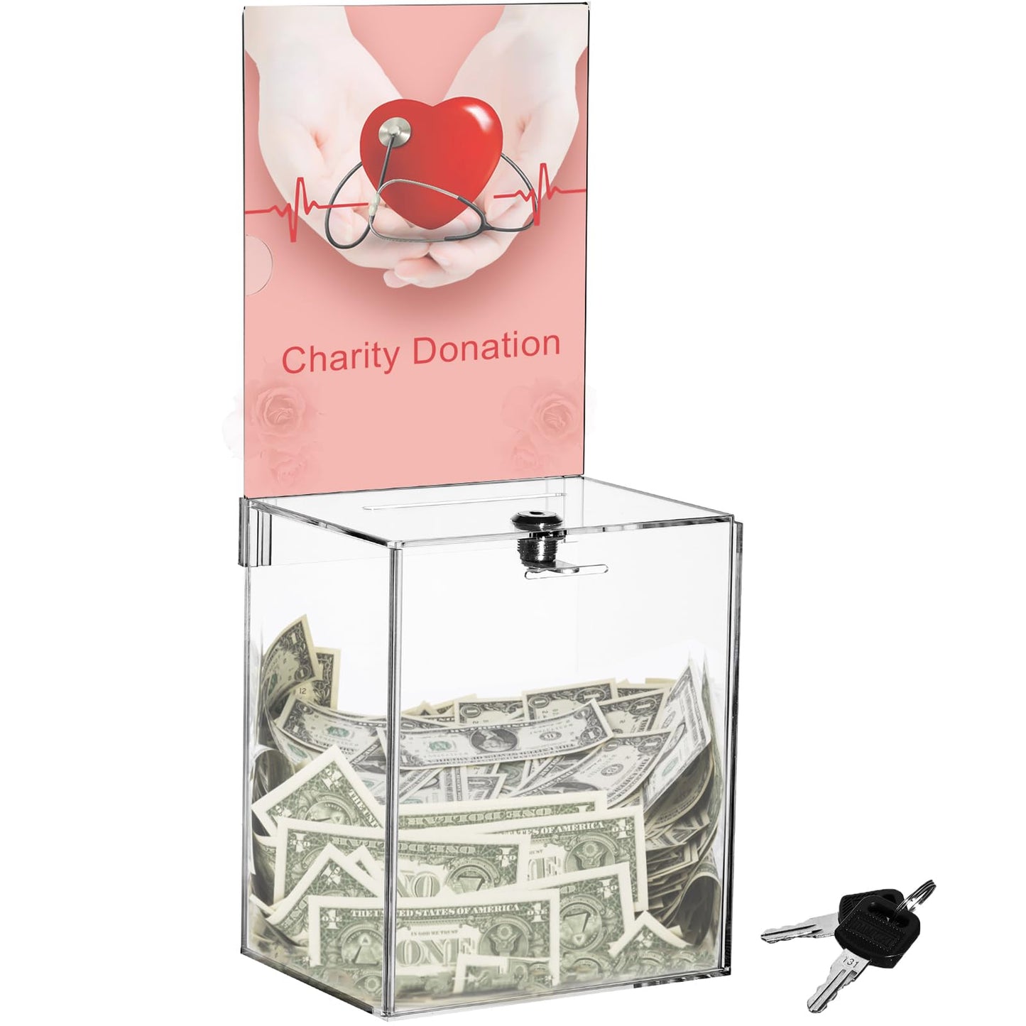 YOUEON Tall Acrylic Donation Box with Lock and Sign Holder, 17x13x20 cm Clear Suggestion Box, Ballot Box, Tip Jar, Ticket Box, Vote Box, Comment Box for Voting, Charity, Suggetstion Collection