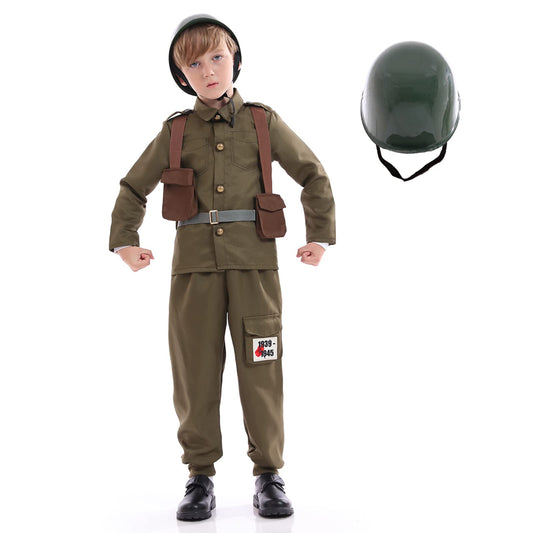 Army Soldier Costume for Kids,Unisex WWII Soldier Dress up with Helmet,Halloween Cosplay Outfit,khaki (M(for height 40"-45"))