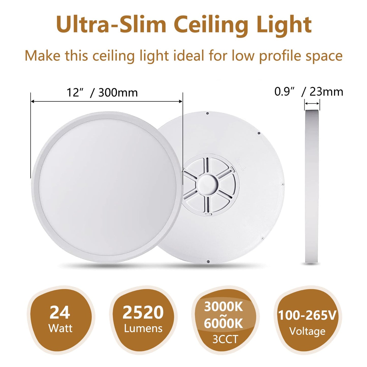 4PK 12Inch LED Flush Mount Ceiling Light, 24W, 2520LM, 3000K/4000K/6000K CCT Selectable, 0.9inch Super Slim LED Ceiling Light Fixture, Low Profile Round Flat Panel Light for Bedroom,Kitchen,Hallway