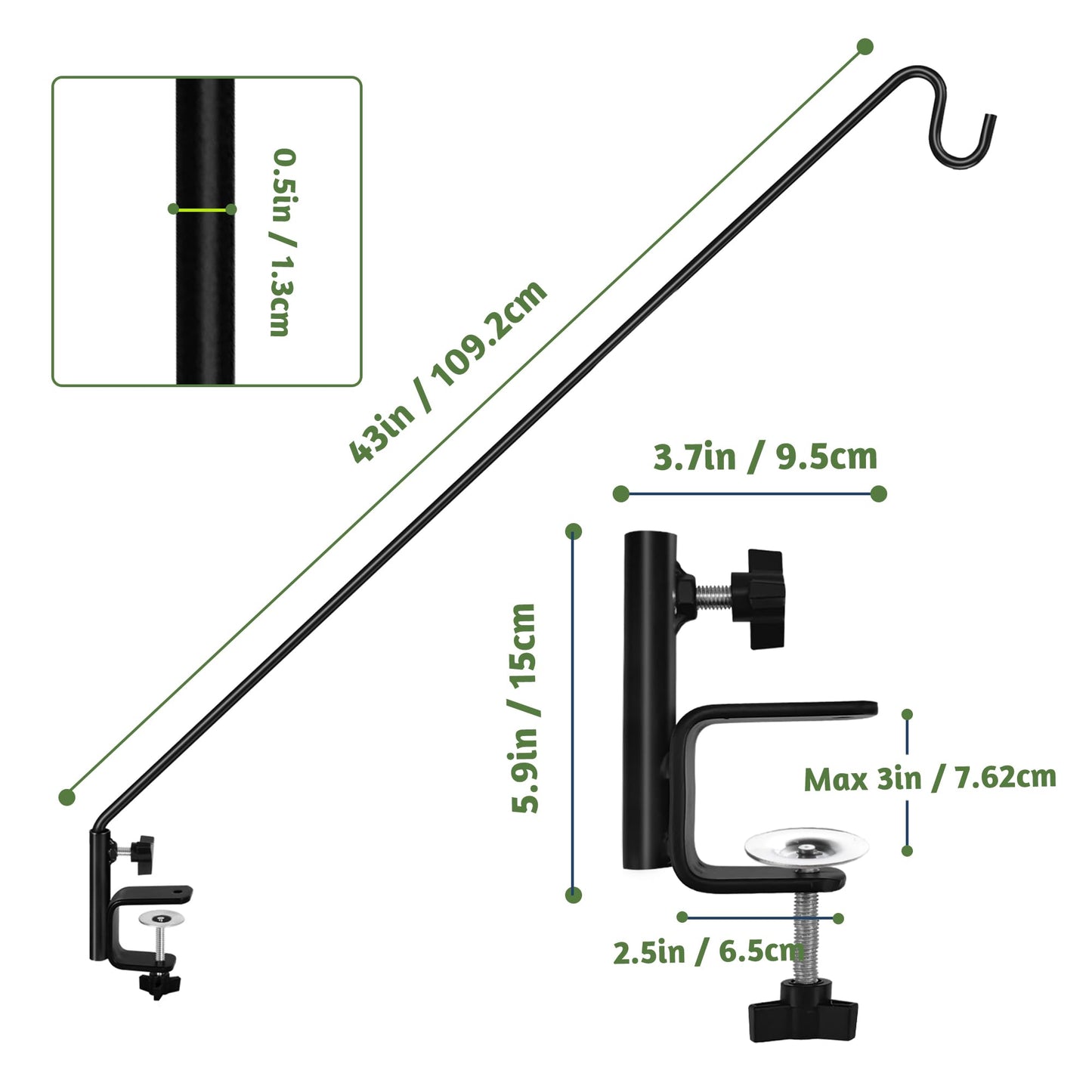 ERYTLLY Extended Reach Deck Hook Wall Pole Wall Mounted Deck Hook Extensible and Adjustable 28 inch to 43 inch Wall Bracket for Hanging Bird Feeder,Plants,Wind Chimes,Lanterns 2 Packs
