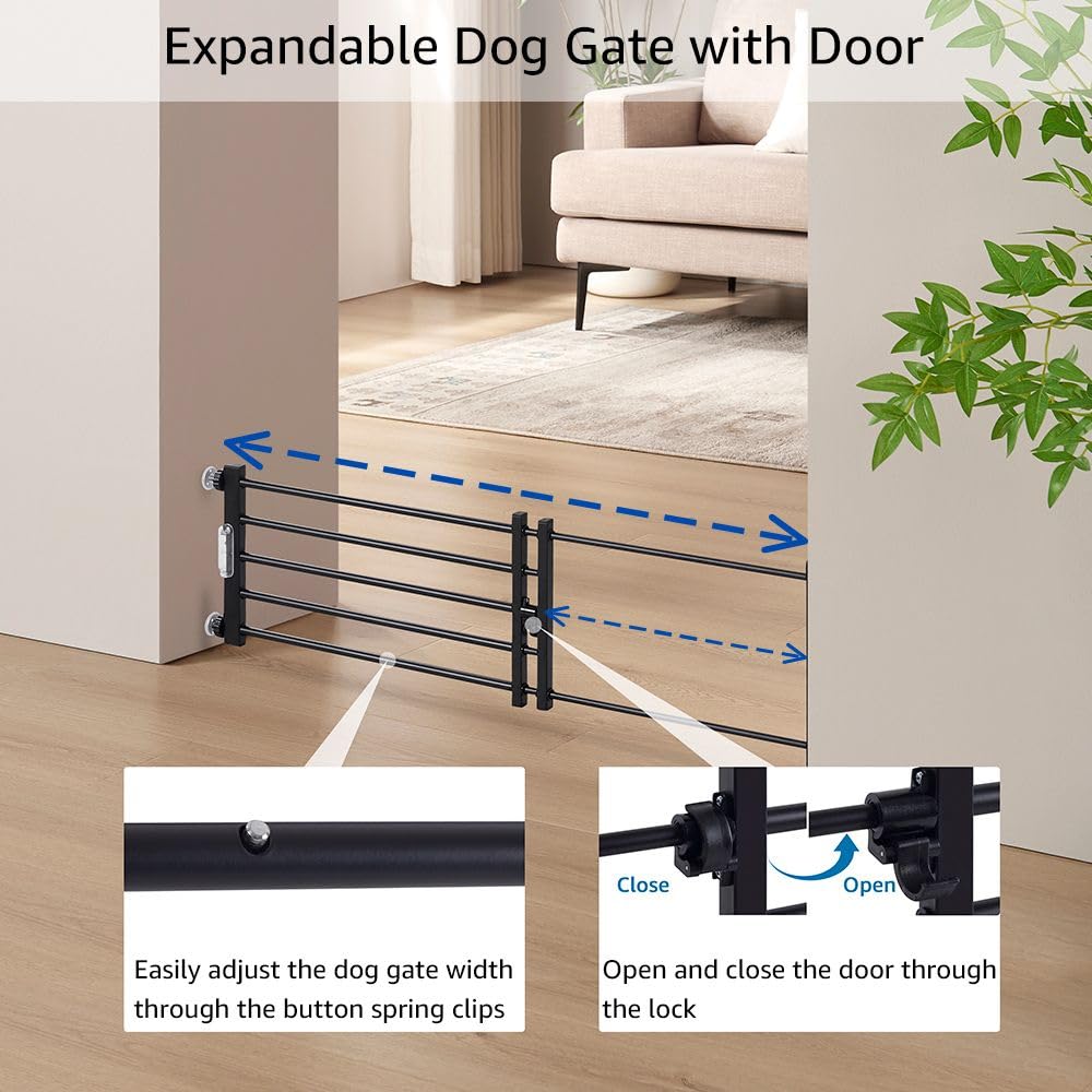 beeNbkks LED Light Metal Dog Gate with Door, 24’’-43’’ Width Expandable Step Over Dog Gate, Short Pet Gate for Stairs Doorways Windows, Pressure Mount Indoor Pet Fence for Small Dogs Puppy