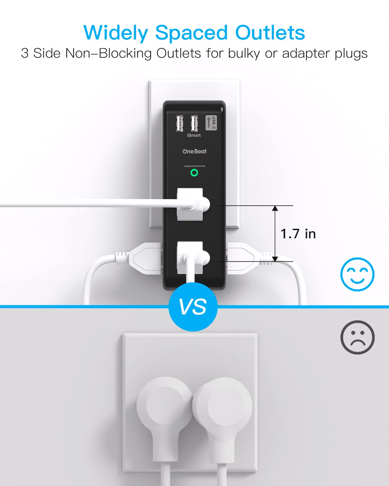 2 Pack Surge Protector Outlet Extender with Rotating Plug, 6 AC Multi Plug with 3 USB Ports (1 USB C), 1800 J, 3-Sided Swivel Power Strip with Spaced Splitter for Dorm Office, Black