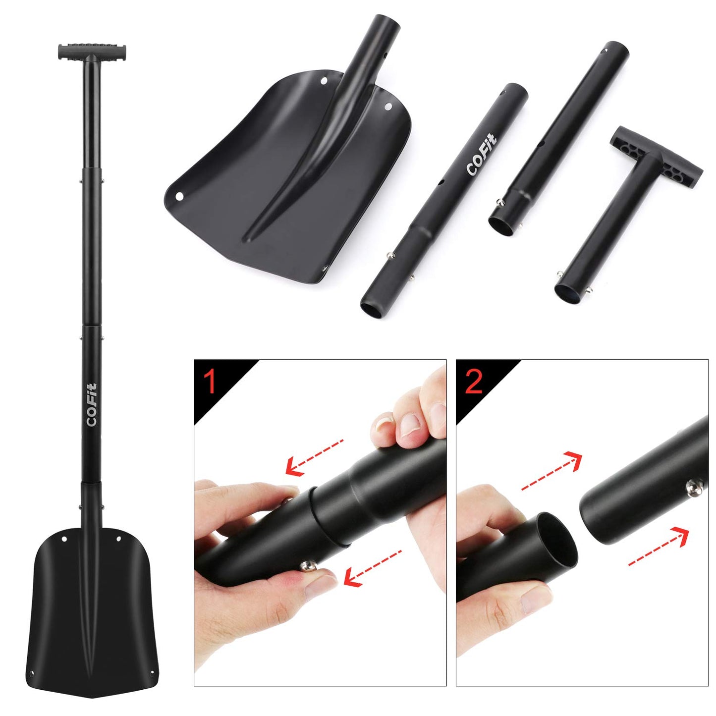 COFIT 43" Metal Car Snow Shovel, Collapsible Sand Mud Removal Tool, Portable Aluminum Ice Remover Device for Vehicle, Truck, Driveway, Outdoor, Camping, Garden, Black