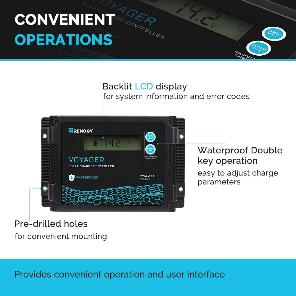 Renogy Voyager 20A 12V/24V PWM Waterproof Solar Charge Controller w/LCD Display for AGM, Gel, Flooded and Lithium Battery, Used in RVs, Trailers, Boats, Yachts, Voyager 20A
