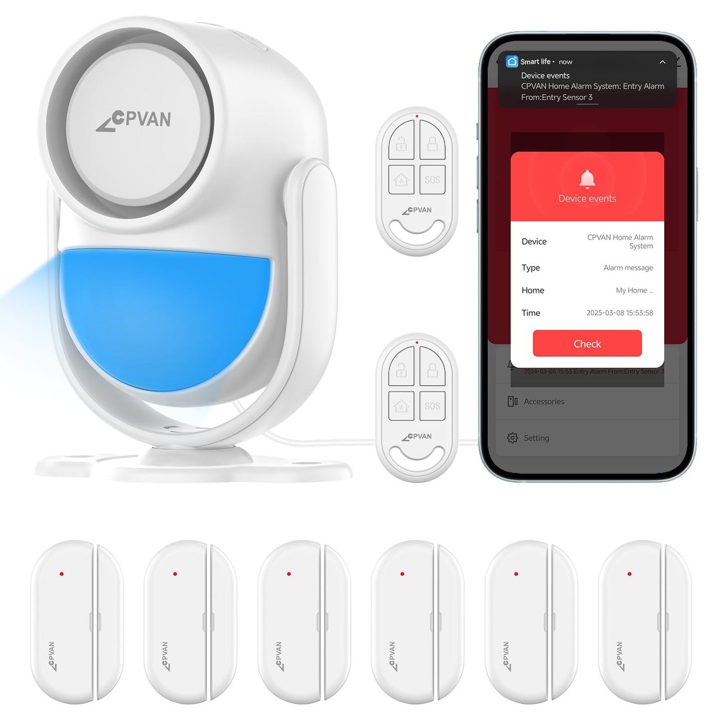 CPVAN Home Alarm System, 2.4GHz WiFi PIR Motion Sensor Alarm, Wireless Door/Window Alarm(Not for Iron Material) for Security with Phone APP Alert 9 Pieces-Kit, White