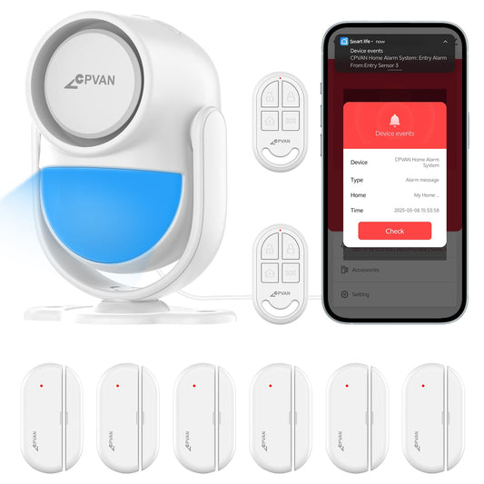 CPVAN Home Alarm System, 2.4GHz WiFi PIR Motion Sensor Alarm, Wireless Door/Window Alarm(Not for Iron Material) for Security with Phone APP Alert 9 Pieces-Kit, White