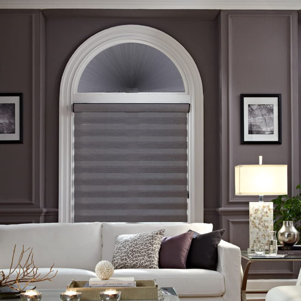 LUCKUP Arch Window Shades Half Circle Blackout Cellular Pleated Blinds Dual Color Semi Circular Honeycomb Windows Curtains for Half Moon Round Windows, Easy Cut and Install 24"x72", Grey-White