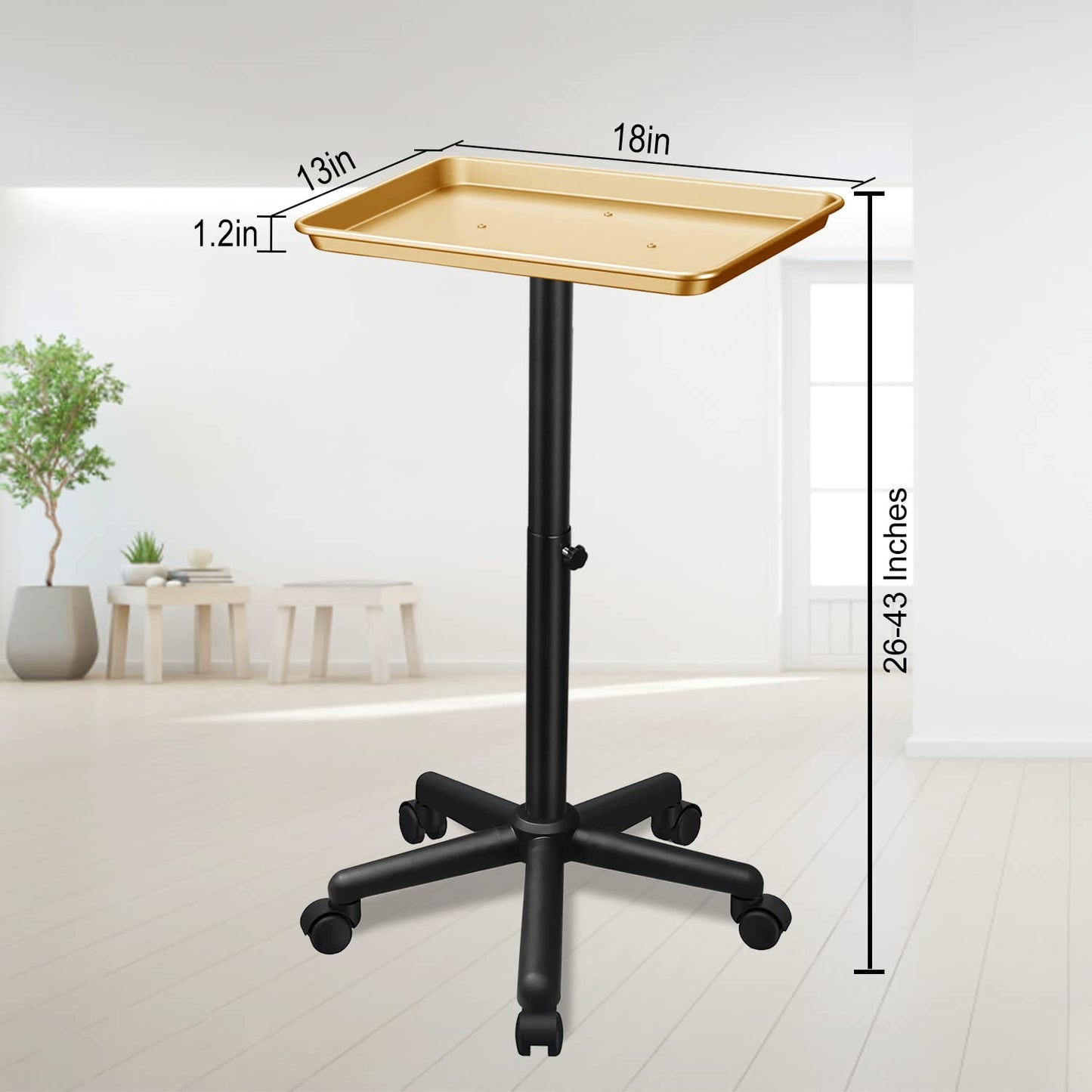 Chetunju Golden Salon Tray Premium Aluminum Rolling Tray Adjustable Height Use for The Tattoo Tray Hairstylist Tray with Wheels(Golden)