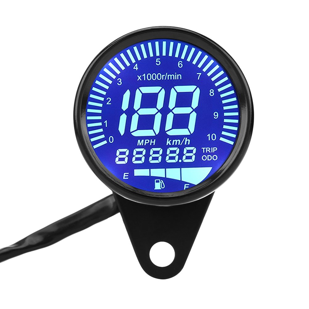 Universal Motorcycle Digital Speedometer Gauge, 12V DC with LED Backlight Tachometer Oil Level and Voltmeter Display, Black Housing