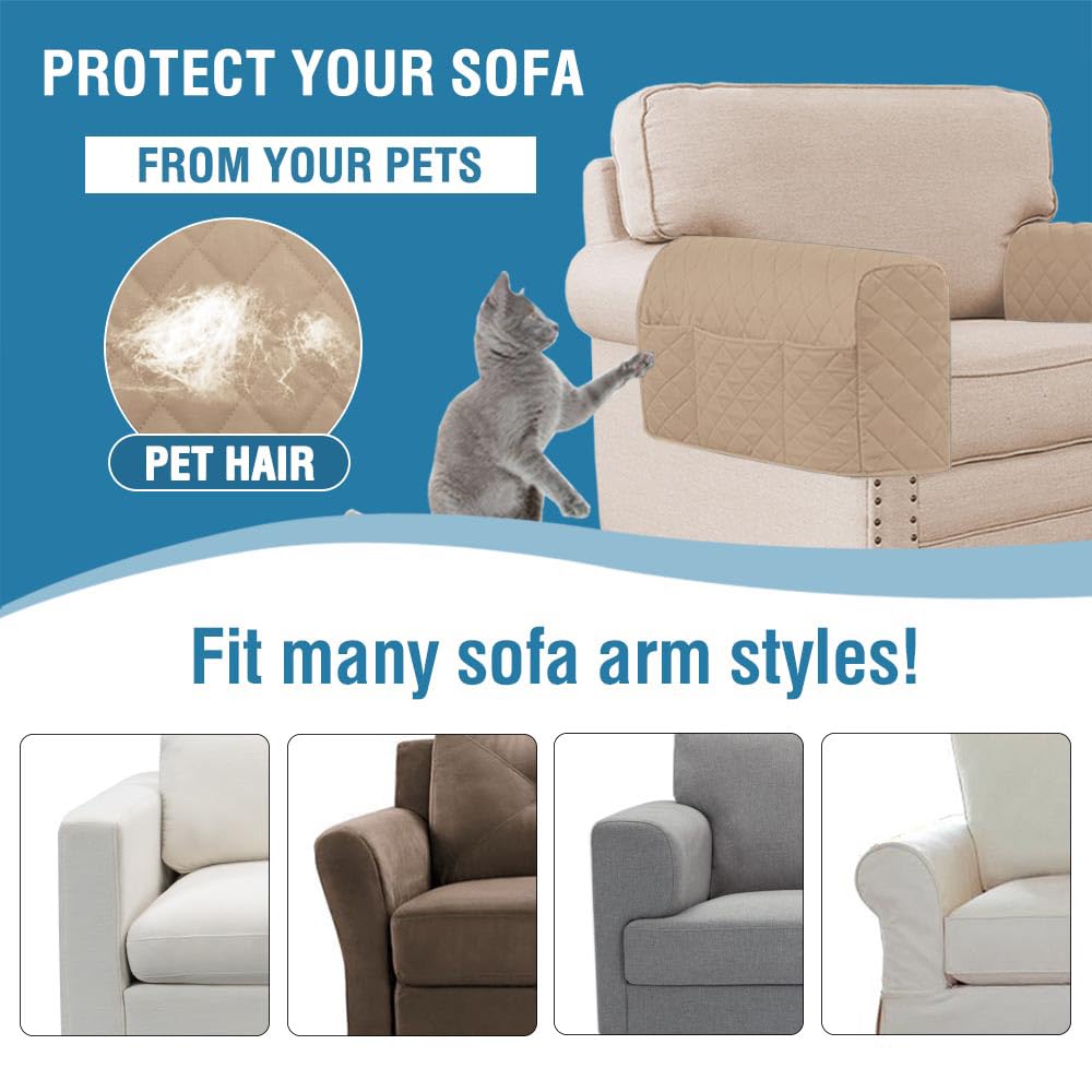 KPPKOU 2 Pack Water Resistant Armrest Covers for Chairs and Sofas Couch Arm Covers for Sofa with 3 Pockets for Phone Sofa Arm Protector for Pets, Cats (Sand)