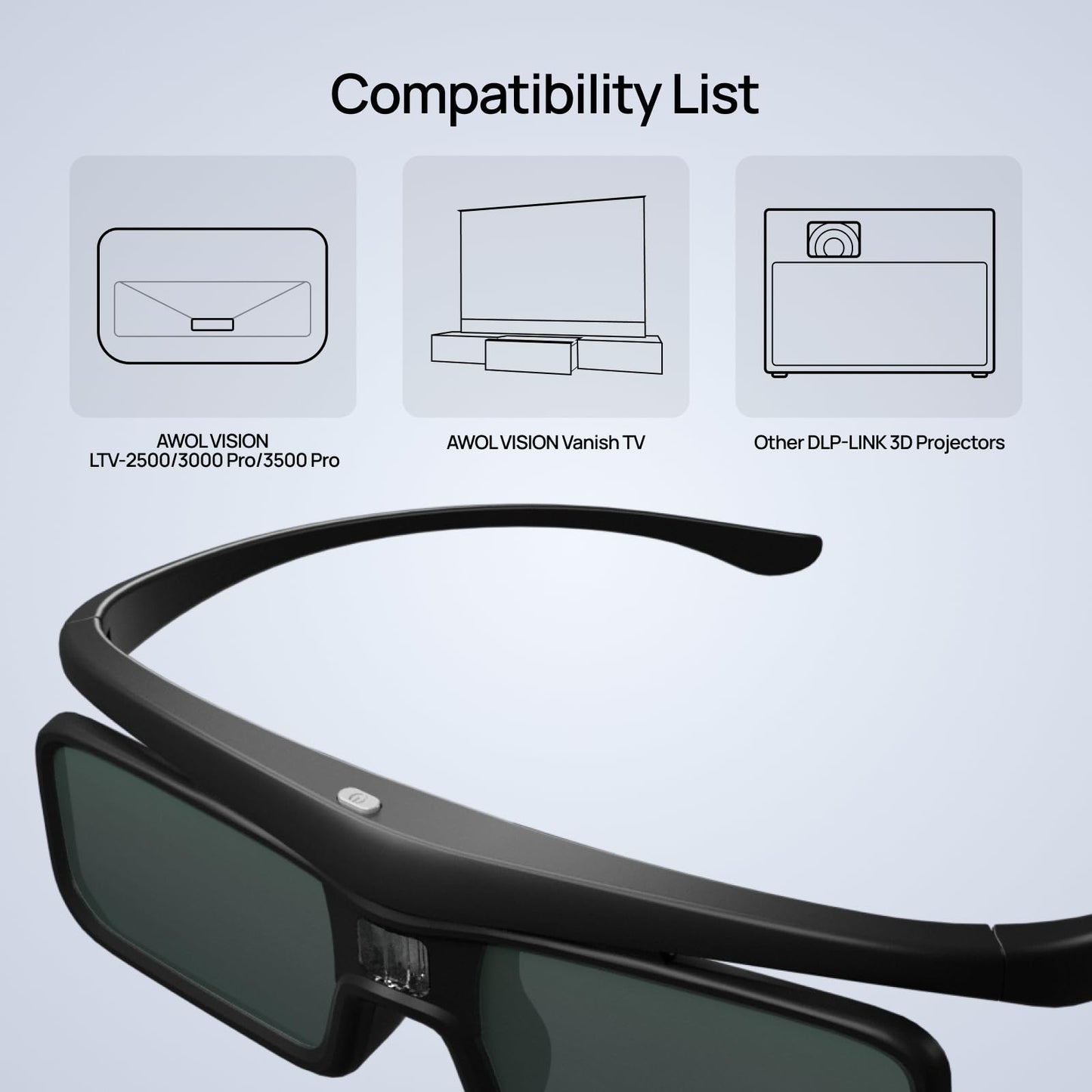 AWOL VISION DLP Link 3D Glasses, Rechargeable Active Shutter Eyewear compatiable with AWOL VISION LTV-2500, LTV-3500, Vanish TV & Other DLP-Link 3D projectors (2 Packs)