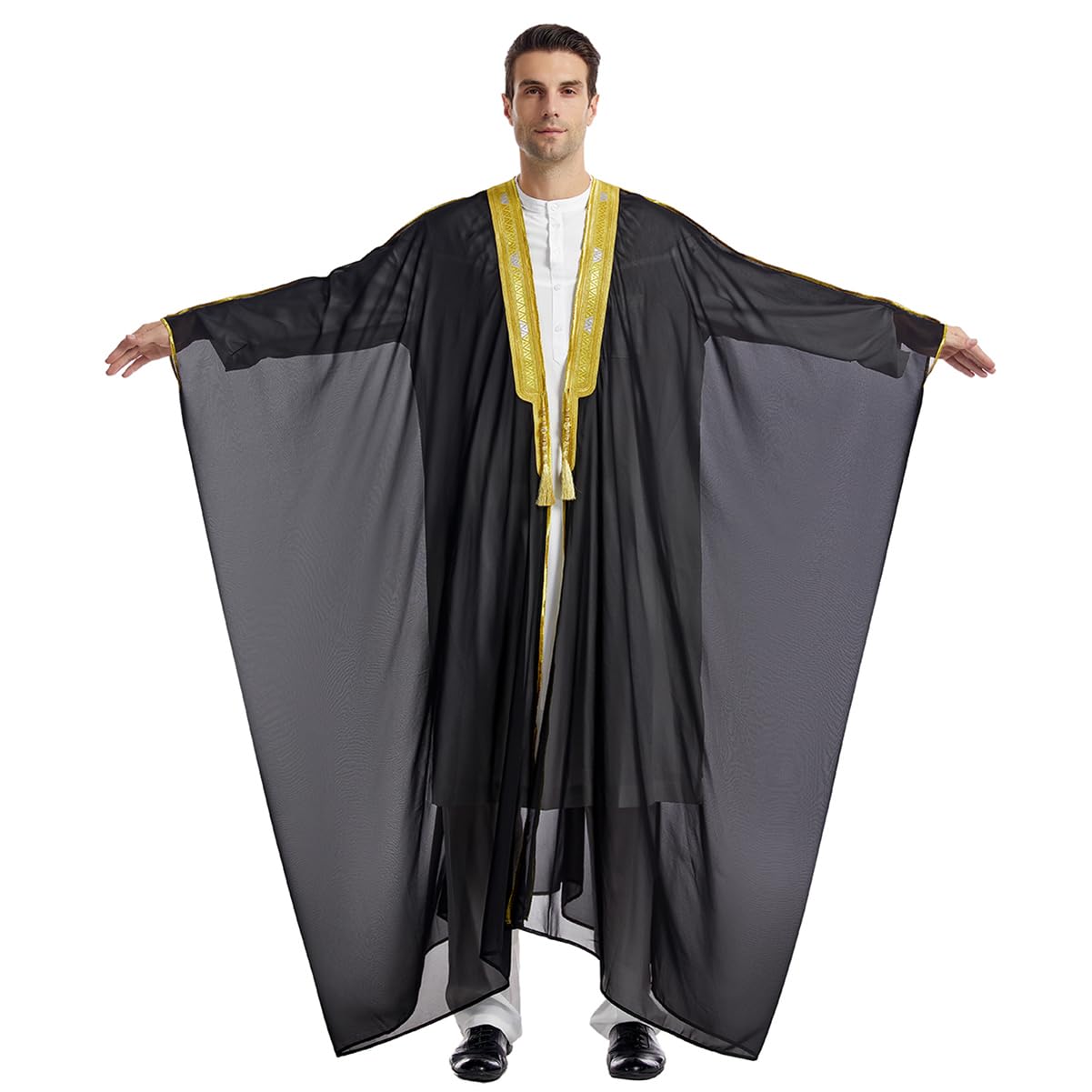 FYMNSI Men's Robe Muslim Clothes Kimono Loose Abaya Dresses Long Sleeve Embroidered Chiffon Kaftan Casual Formal Dubai Thobe, Black, Large