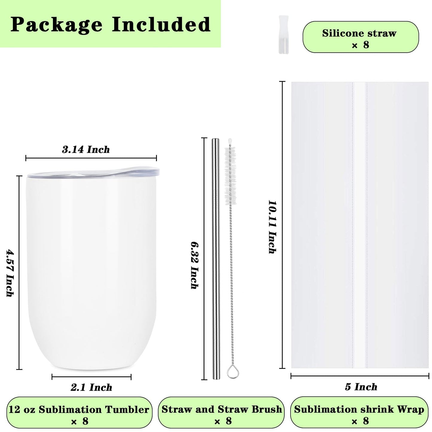 Draheri 12 Oz Stainless Steel Double Wall Insulated Wine Tumblers, Blanks in Bulk - Sublimation Cups and Mugs with Straw and Straw Brush, Individually Boxed (8 Pack)