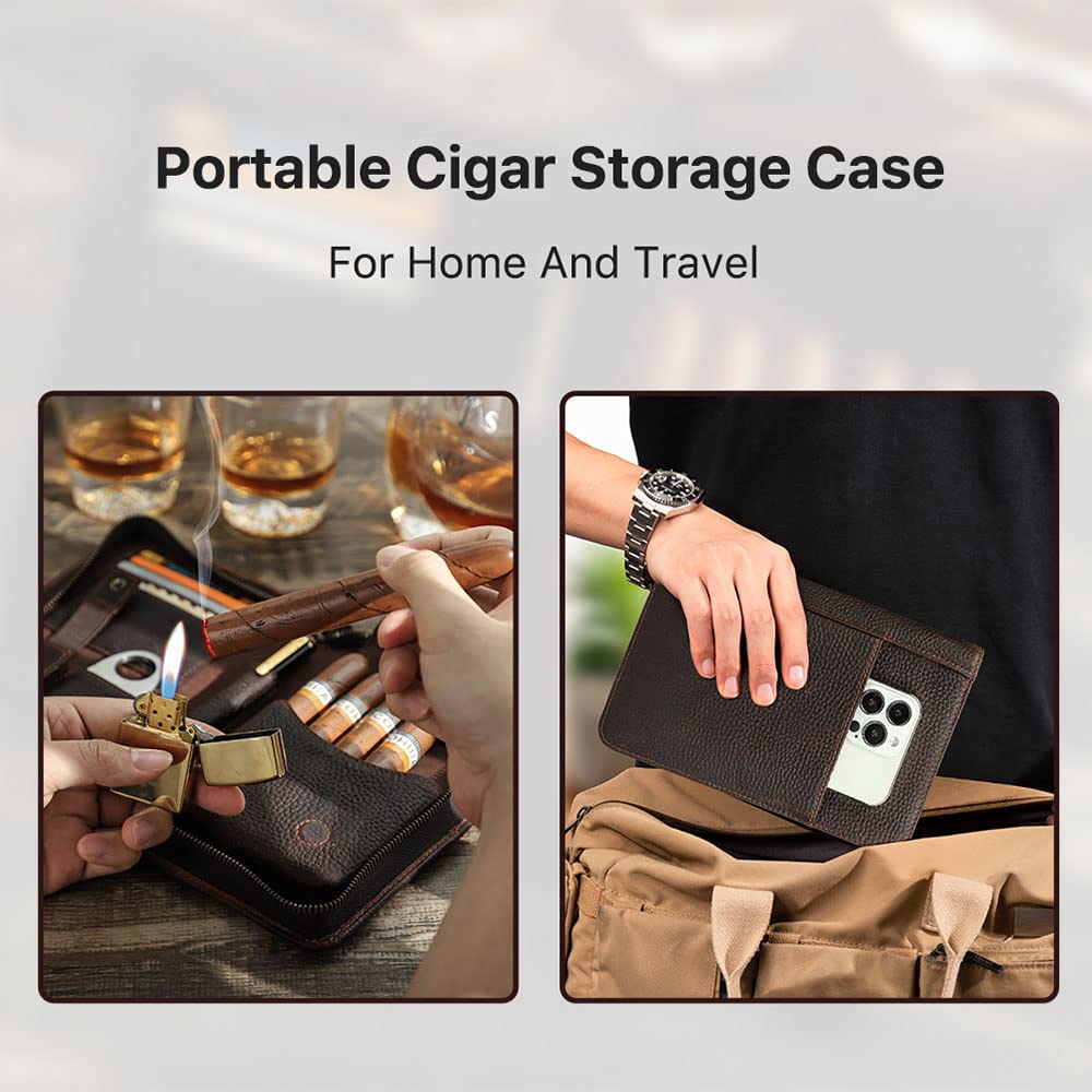 Contacts Cigar Humidor Leather Business Cigars Box Travel 5 Finger Cigars Clutch Organizer with Cigar Cutter Slot Lighter Slot