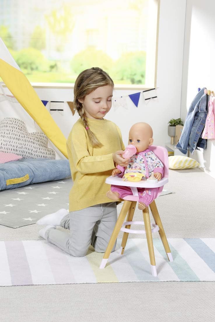Baby Born High Chair – Doll Feeding Chair with Scandinavian Design – Wood-Look Legs & Pink Seat – Fits Baby Born & Other Dolls – Ages 3+