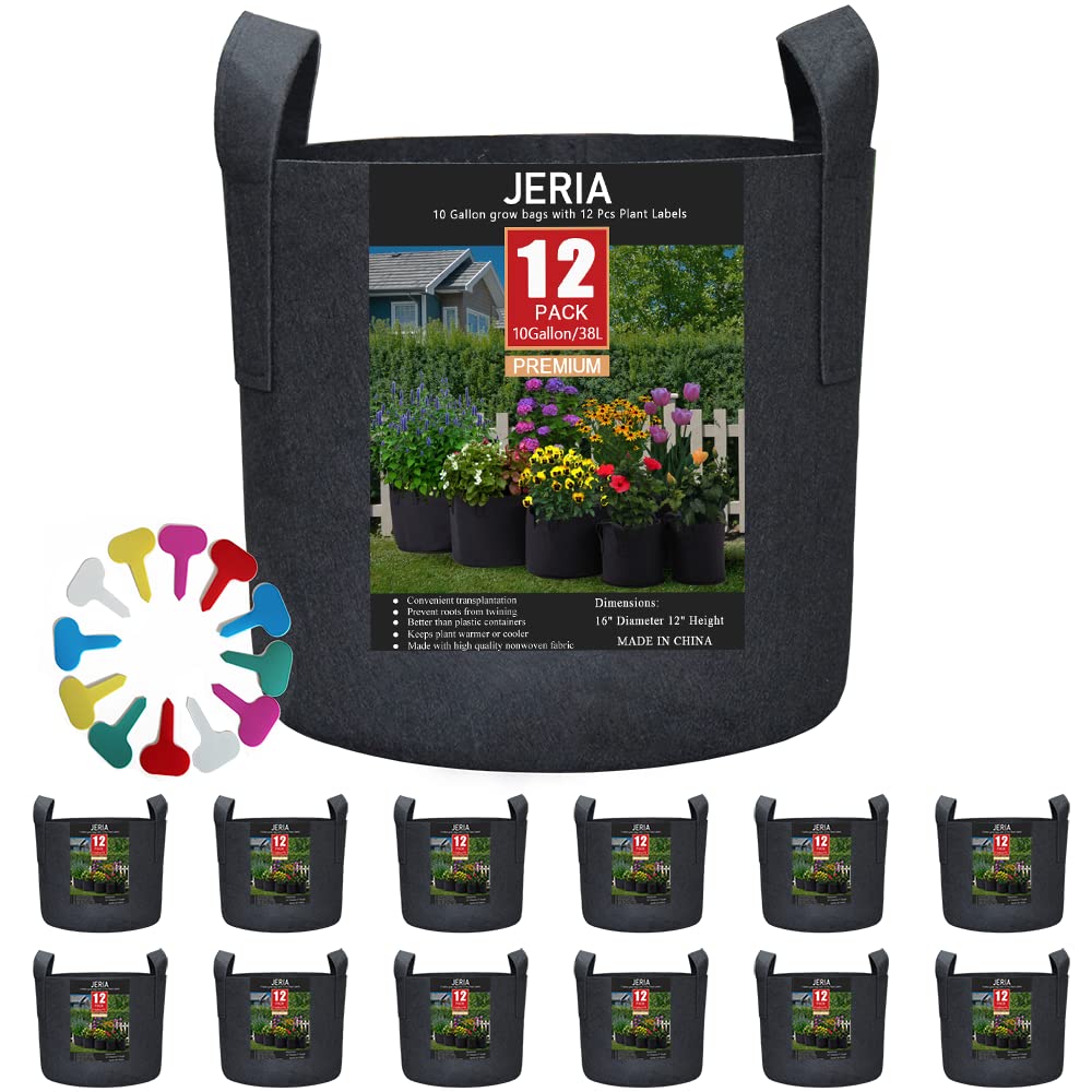 JERIA 12-Pack 10 Gallon, Vegetable/Flower/Plant Grow Bags, Aeration Fabric Pots with Handles (Black)