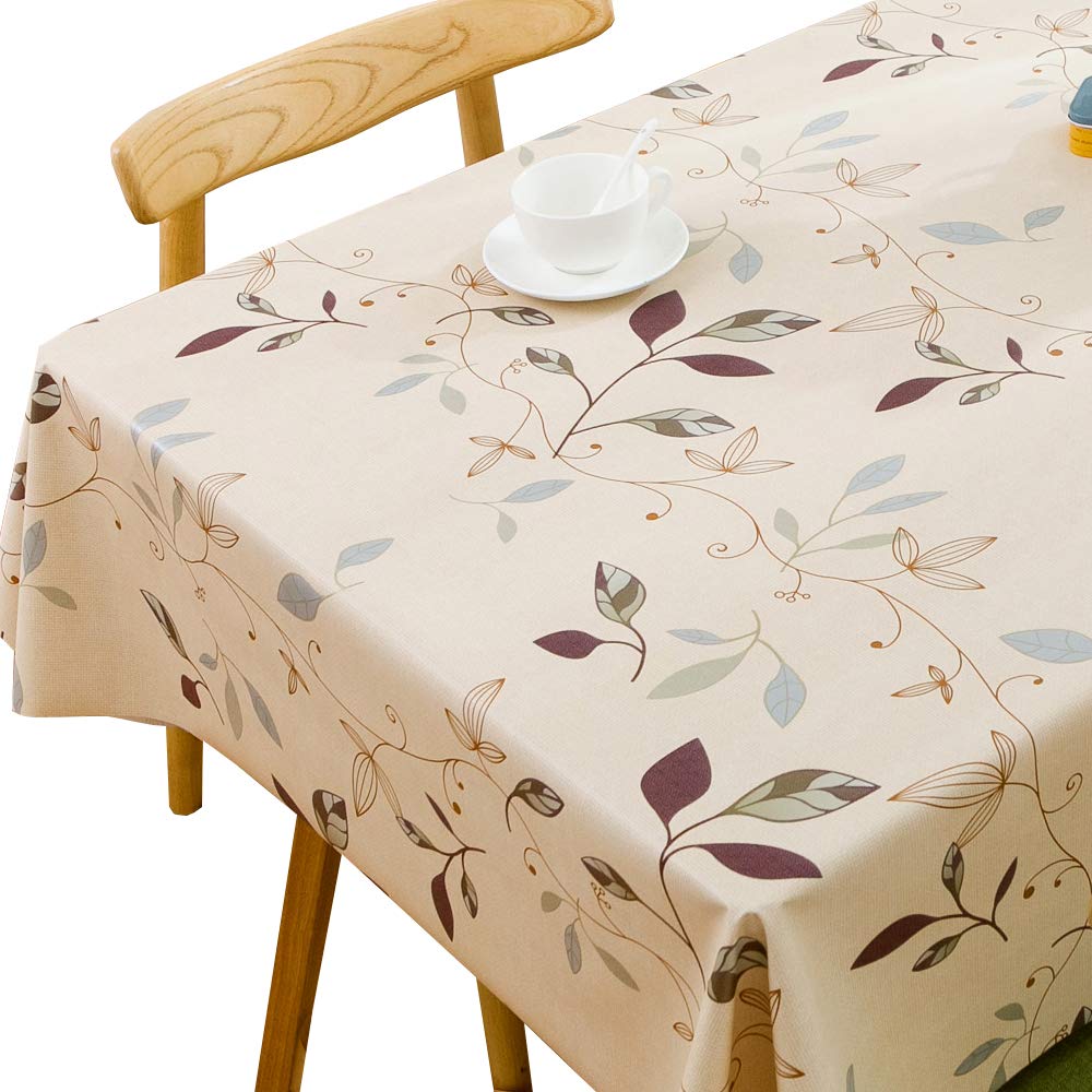 TruDelve Heavy Duty Vinyl Tablecloth Beige Plastic Table Cloth Waterproof Wipeable Oilcloth Tablecloths for Rectangle Tables (54'' x 72'', Leaves Beige)