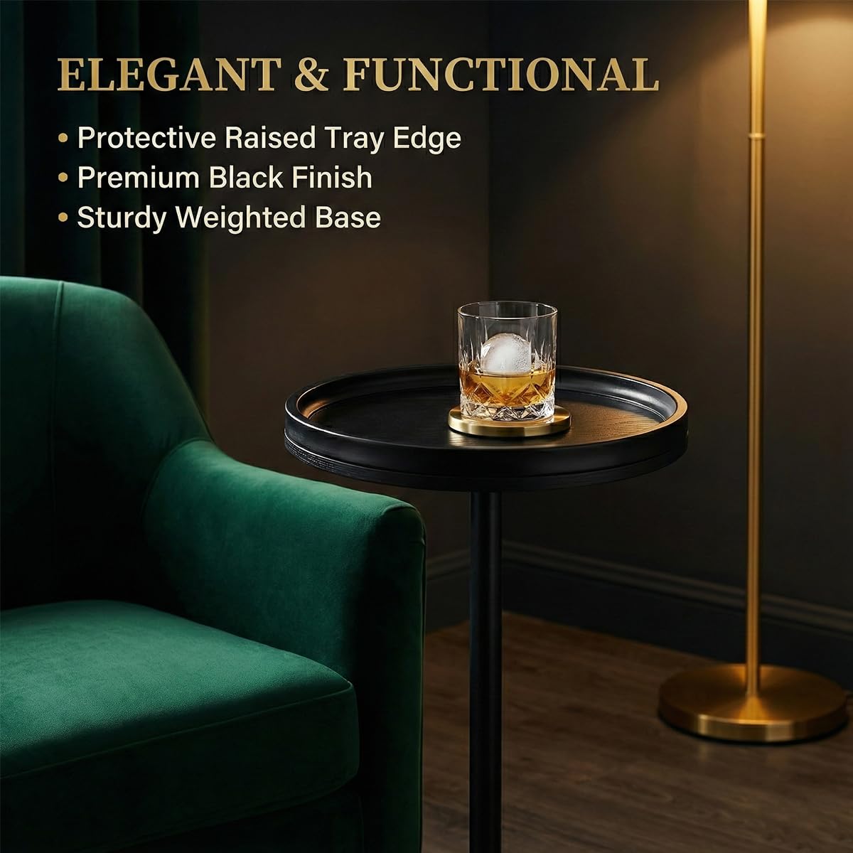 ZEXVIDA Black Industrial Martini Table,Round Drink Table,Modern Pedestal Side Table with Black Wood Grain Tray Top, Weighted Metal Base End Table for Living Room,Small Spaces,Next to Sofa, 24.7" Tall