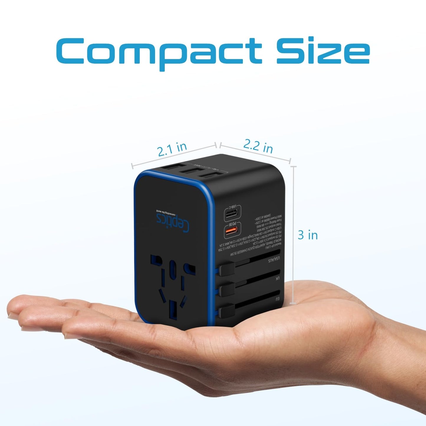 Ceptics World International Travel Plug Adapter - Powerful 35W with Pd & QC 3.0 Dual USB-C Power - 3 USB Ports Wall Charger Type I C G A Outlets 110V 220V A/C - EU Euro US UK