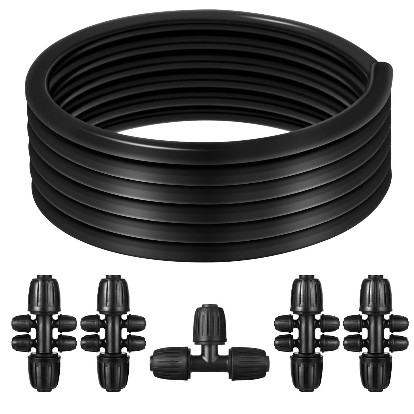 50 FT 1/2 Inch Drip Irrigation Tubing Kit-Drip Line Irrigation Hose 1/2 Inch with 1/2" to 1/4" Barbed Locked 6-Way & 1/2" Tee Connectors-Drip Tube Irrigation Fittings System Parts for Garden Watering