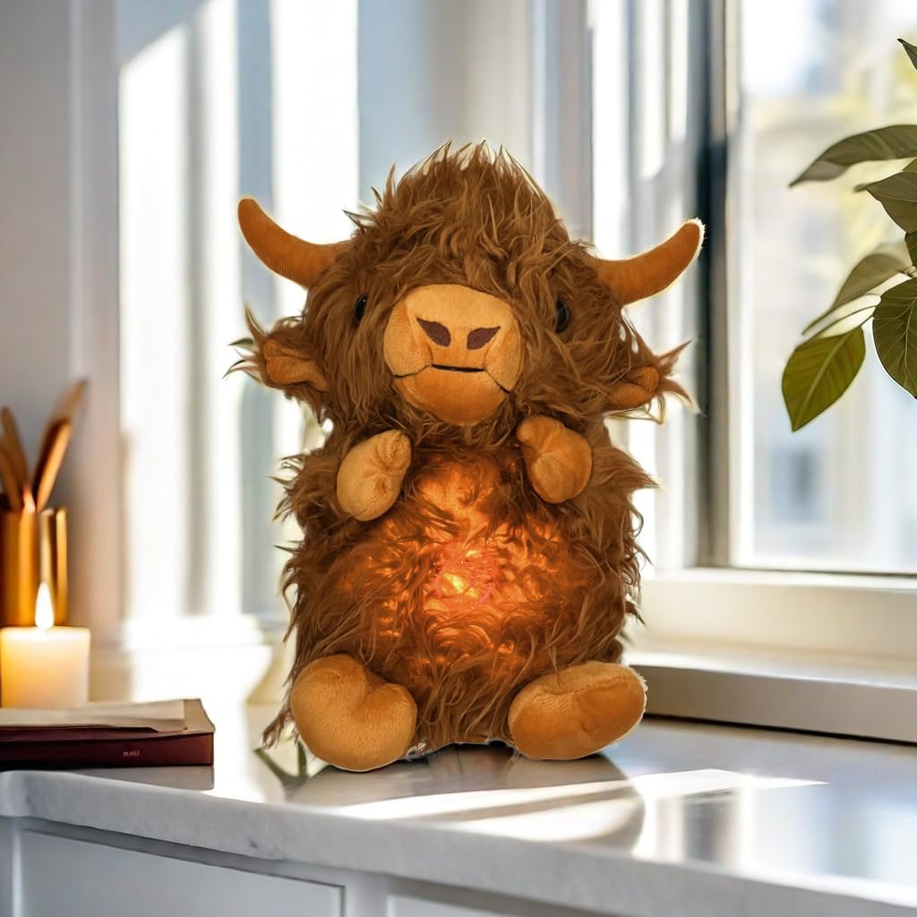 Soothing Snuggle Cute Highland Cow Stuffed Animal with Realistic Breathing Action and Lighted Music, Sleeping Cow Plush Toy (13.5-inch)