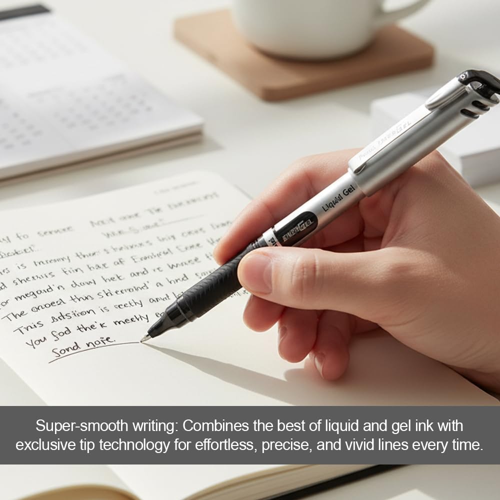 Pentel EnerGel Liquid Gel Rollerball Pen with Cap to Protect Pockets, Everyday Writing, Office Supplies, School Supplies, 0.7mm Medium Point, Black Ink, BL17-A, Box of 12