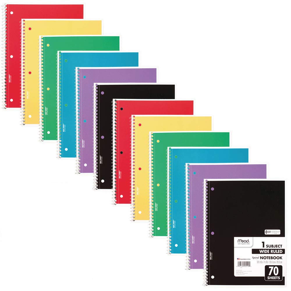 Mead Spiral Notebooks, Wide Ruled, 70 Sheets, Assorted Colors, 12 Pack (73699)
