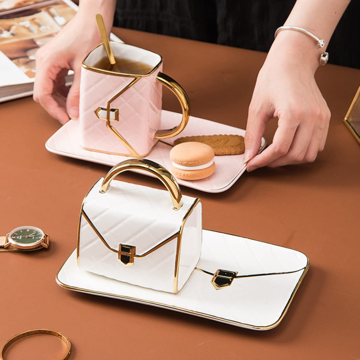 YnsfreeCeramic Purse Coffee Mugs Set Tea Cup Unique Bag shaped mug and Saucer Set with Spoon and Saucer For Women Mother's Day Christmas Gifts (Set of 4)