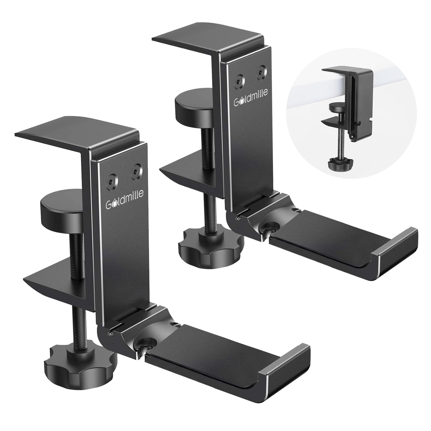 Goldmille Aluminum Headphone Stand Hanger Foldable with Cable Clip - Headset Holder Clamp Hook Under Desk, Save Your Space While Working & Gaming - 2Pack