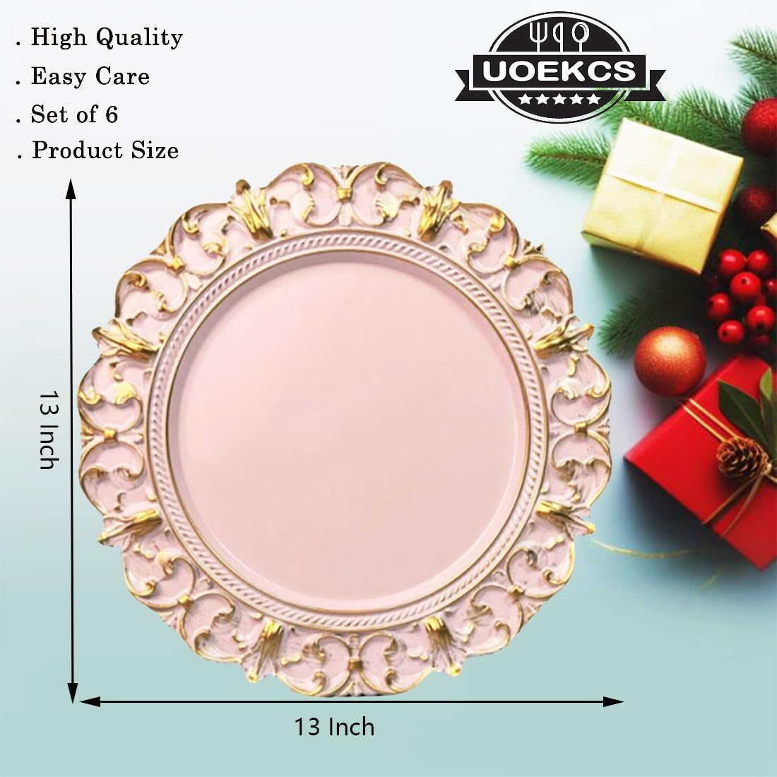 UOEKCS Pink Charger Plates, 13 Inch Plate Chargers for Dinner Plates. Set of 6 Plastic Embossed Charger for Dinner, Party, Wedding.
